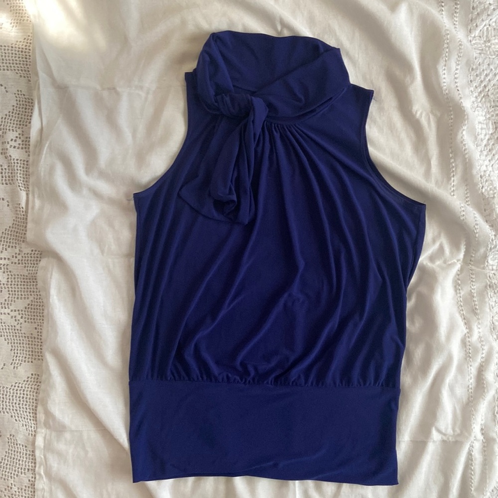 JM FLEURETTE. Royal Blue. Tie Neck. Sleeveless Dress Top. Cinched Waist